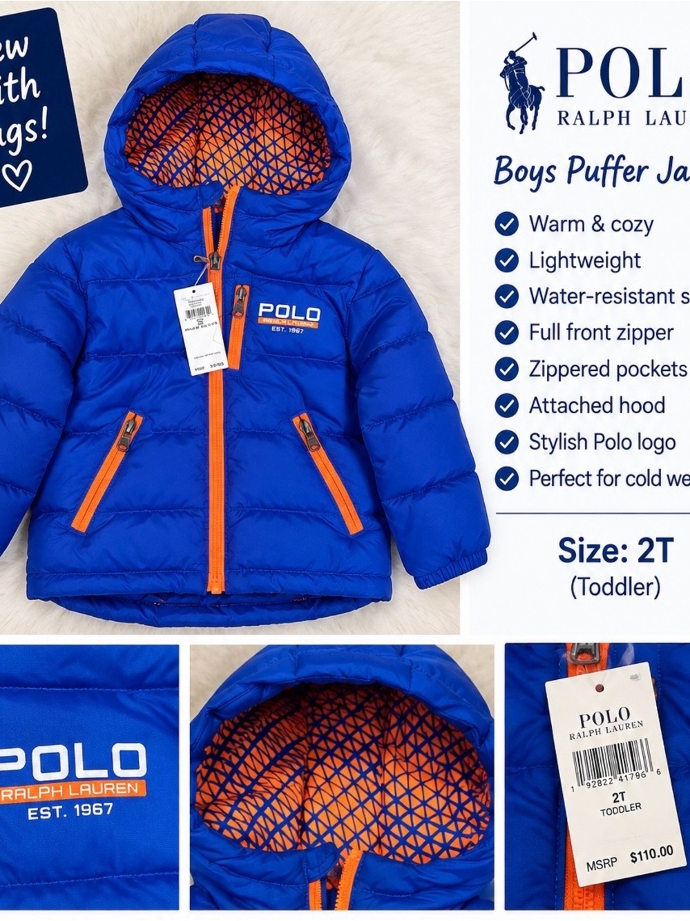 Polo by Ralph Lauren Boys Blue Puffer Jacket with Orange Trim
